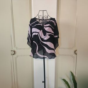 Y2k Caren Sport Black and Purple/Gray Swirl Blouse Flutter Sleeve